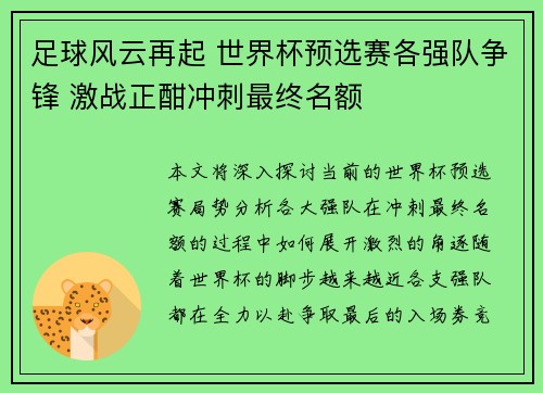 足球风云再起 世界杯预选赛各强队争锋 激战正酣冲刺最终名额
