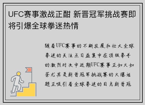 UFC赛事激战正酣 新晋冠军挑战赛即将引爆全球拳迷热情
