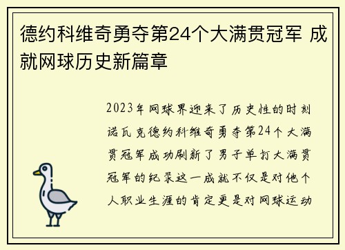 德约科维奇勇夺第24个大满贯冠军 成就网球历史新篇章